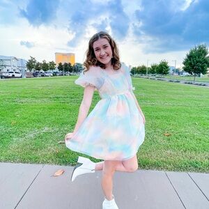 Endless Rose Pastel Tie-Dye Puff Sleeve Mini Dress